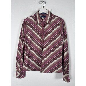 Faconnable Womens Striped Button-Down Shirt Top Medium Purple/Brown Long Sleeve
